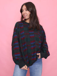 Vintage Block Check Knit Jumper Burgundy, Green & Blue