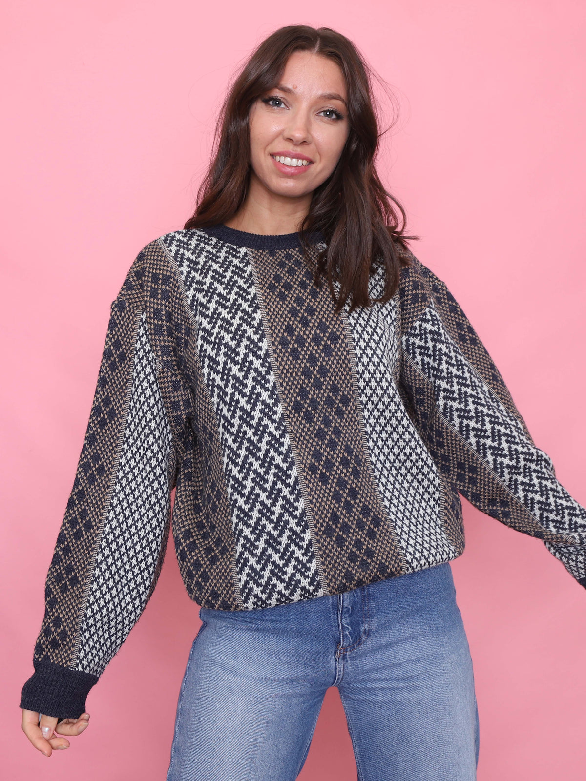 Vintage Pattern Knit Jumper Navy, Brown & Cream