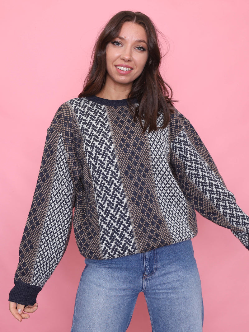 Vintage Pattern Knit Jumper Navy, Brown & Cream