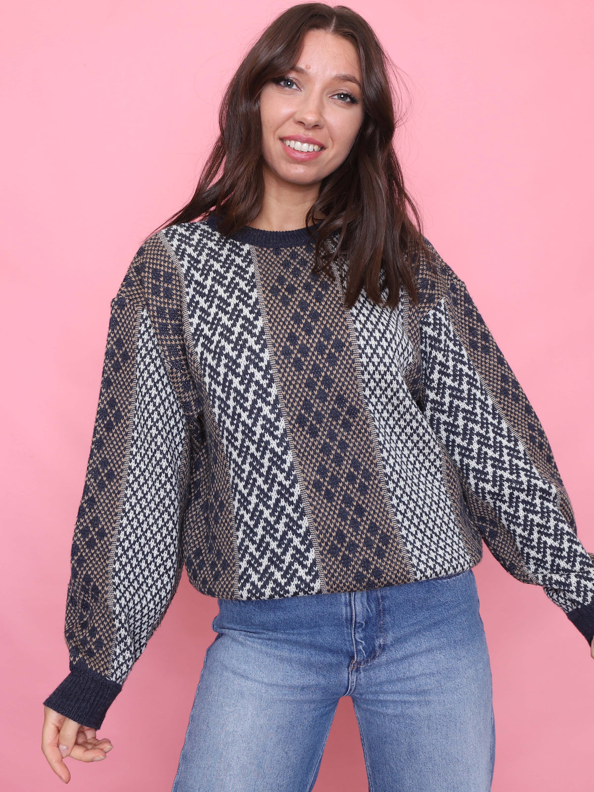 Vintage Pattern Knit Jumper Navy, Brown & Cream