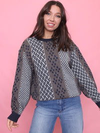 Vintage Pattern Knit Jumper Navy, Brown & Cream
