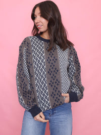 Vintage Pattern Knit Jumper Navy, Brown & Cream