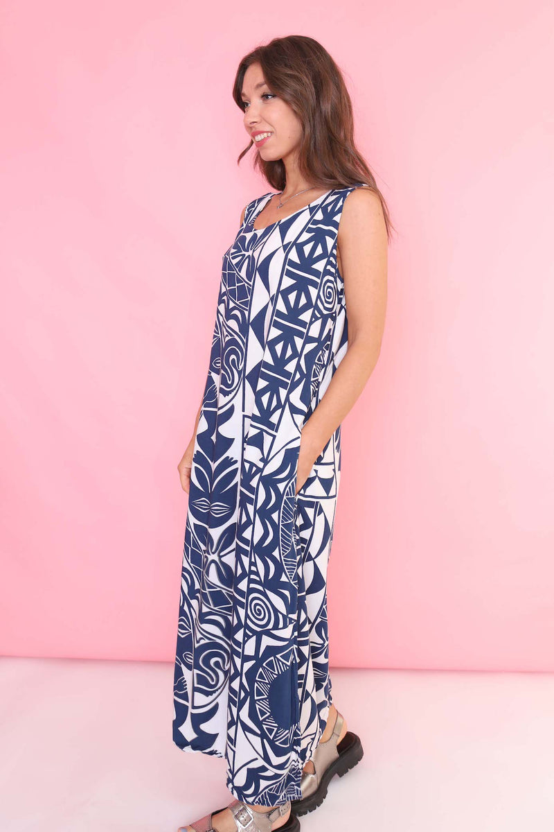 Vintage 90s Patterned Dress Blue White