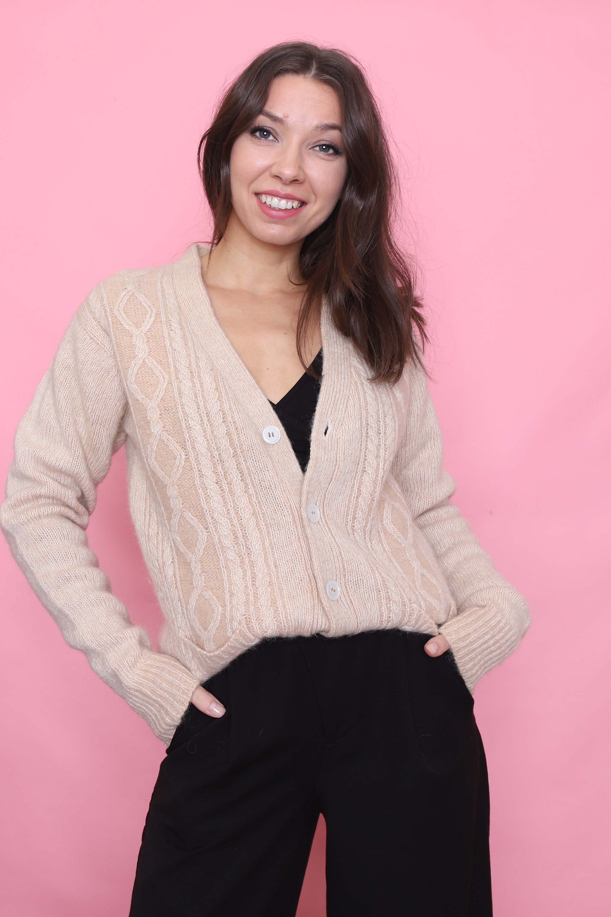 Vintage Soft Beige Cable Knit Cardigan