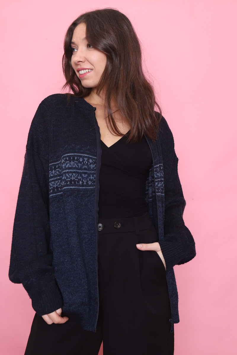 Vintage Navy Zip-Up Knit Cardigan