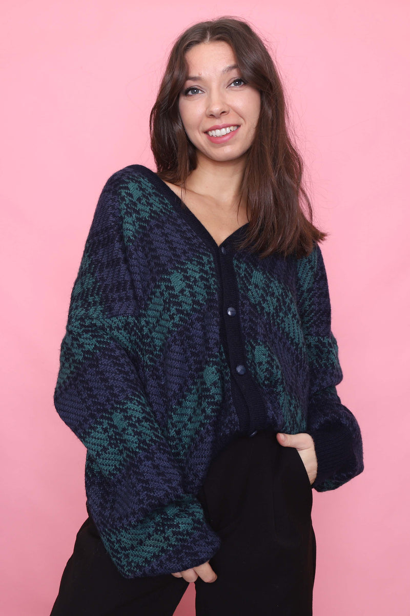 Vintage Navy & Forest Green Tartan Knit Cardigan