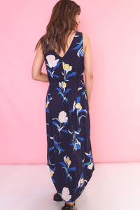 Vintage 90s Floral Patterned Maxi Dress Navy Blue