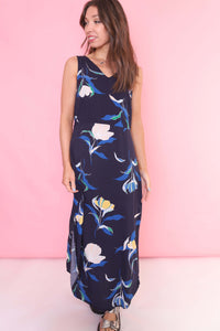 Vintage 90s Floral Patterned Maxi Dress Navy Blue