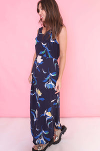 Vintage 90s Floral Patterned Maxi Dress Navy Blue