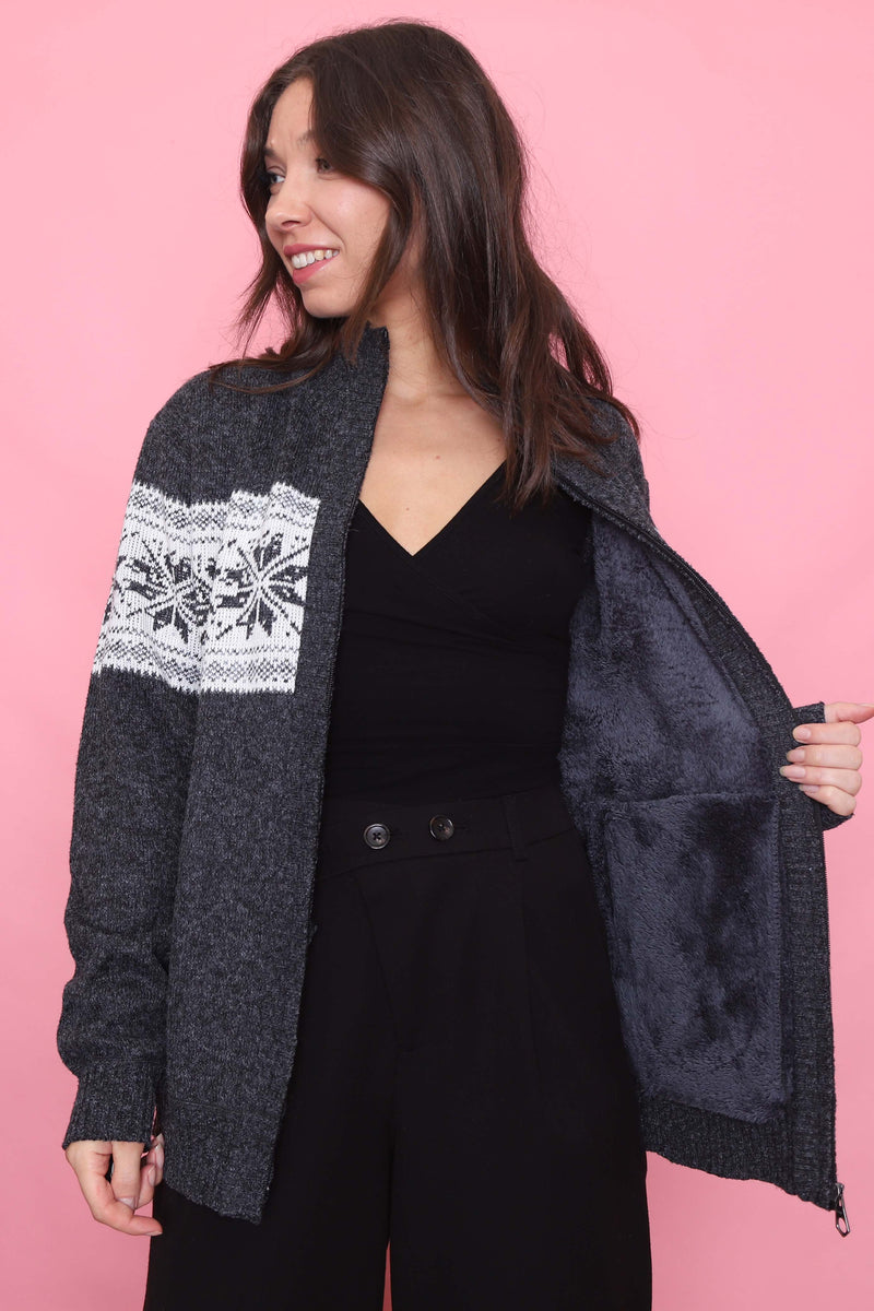 Vintage Charcoal Zip-Up Nordic Knit Cardigan Fleece-Lined