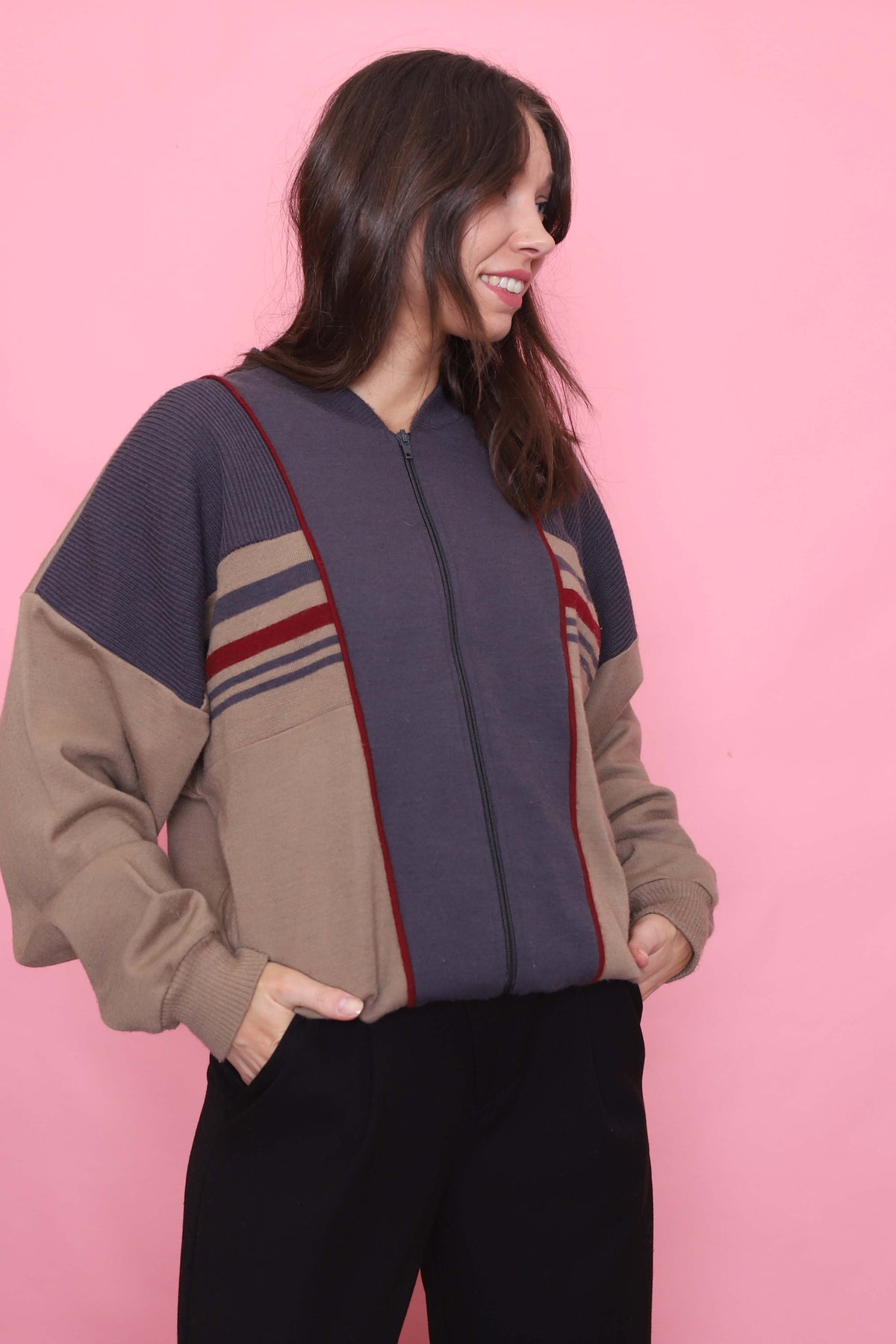 Vintage Colour Block Zip-Up Cardigan Jacket