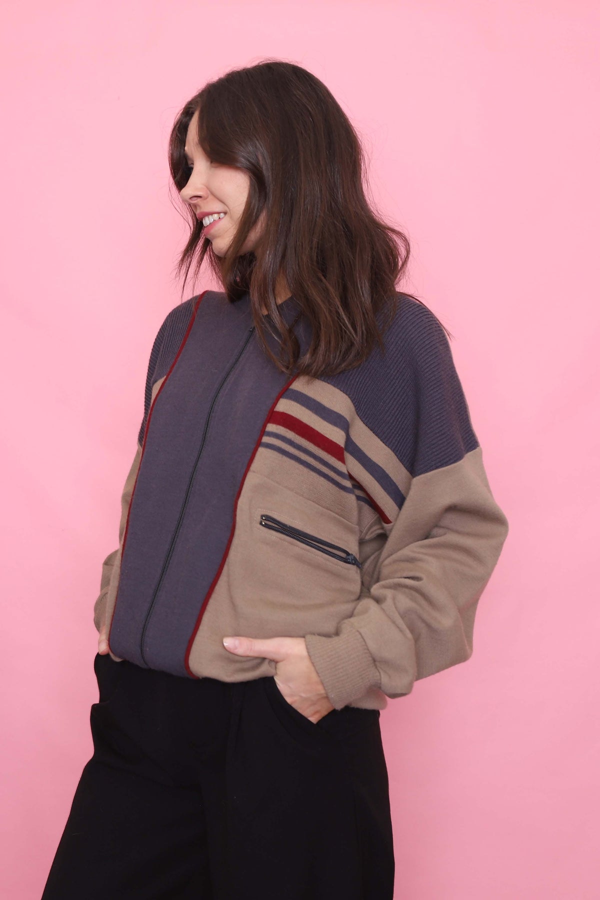 Vintage Colour Block Zip-Up Cardigan Jacket
