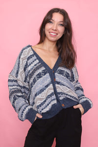 Vintage Blue & Taupe Geometric Pattern Knit Cardigan
