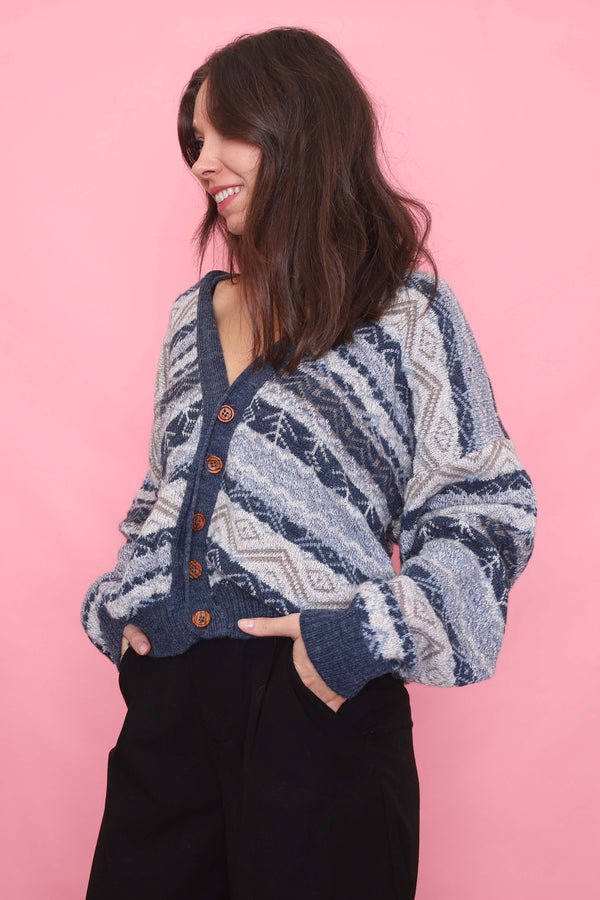 Vintage Blue & Taupe Geometric Pattern Knit Cardigan