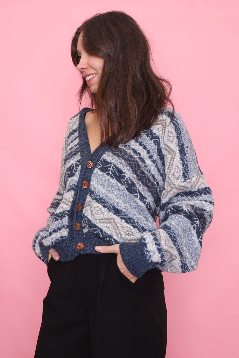 Vintage Blue & Taupe Geometric Pattern Knit Cardigan