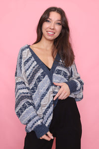 Vintage Blue & Taupe Geometric Pattern Knit Cardigan