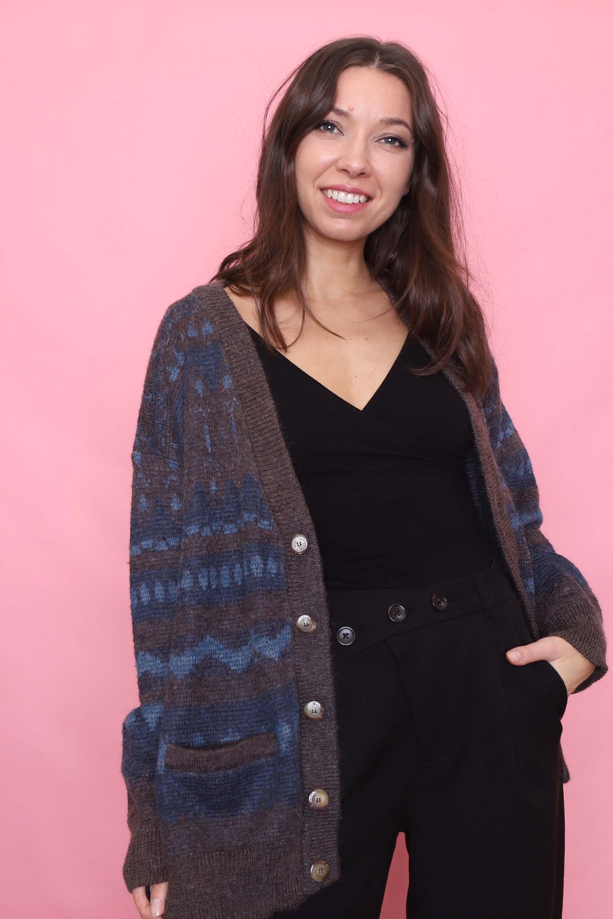 Vintage Brown & Blue Pattern Knit Cardigan