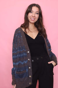 Vintage Brown & Blue Pattern Knit Cardigan