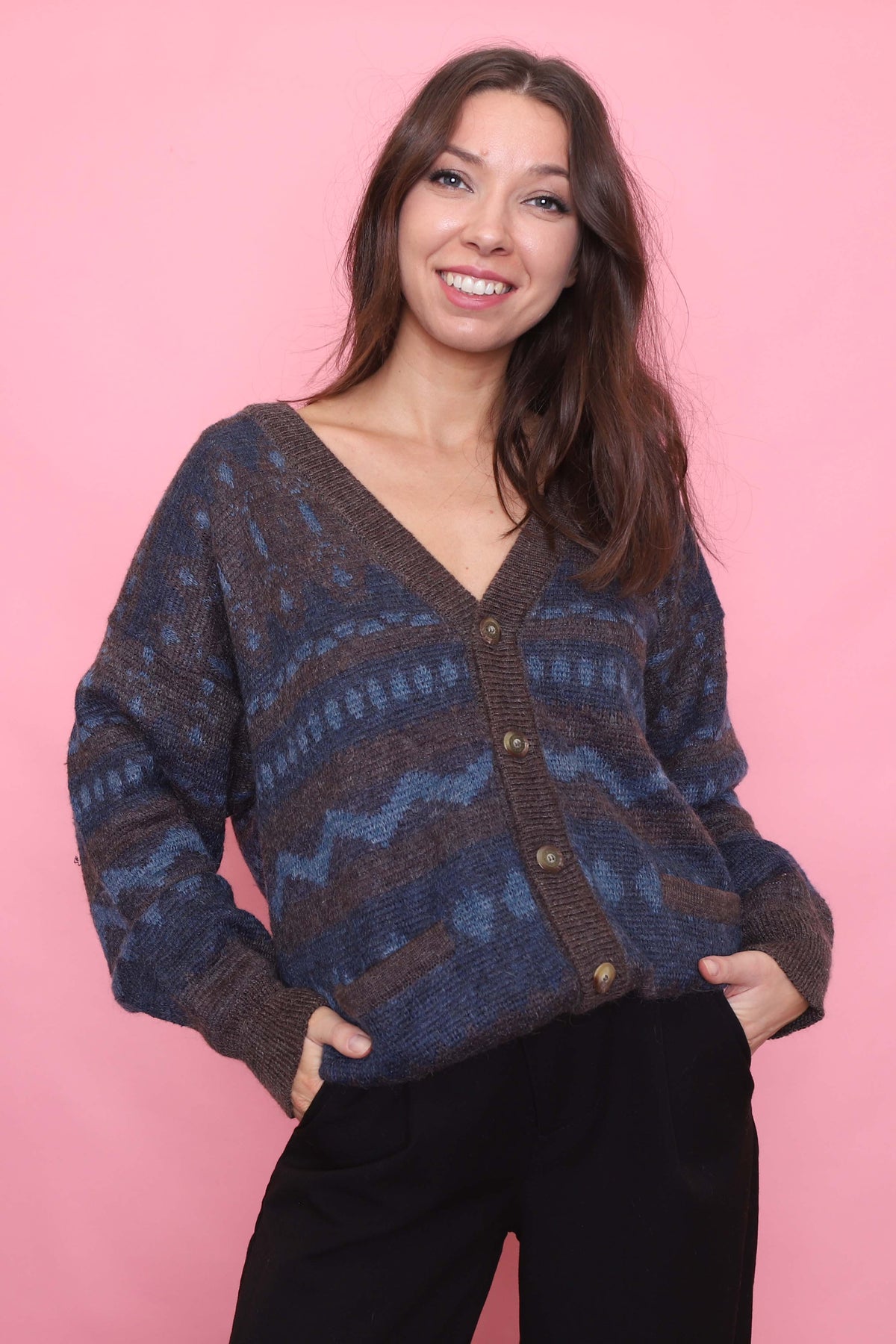 Vintage Brown & Blue Pattern Knit Cardigan