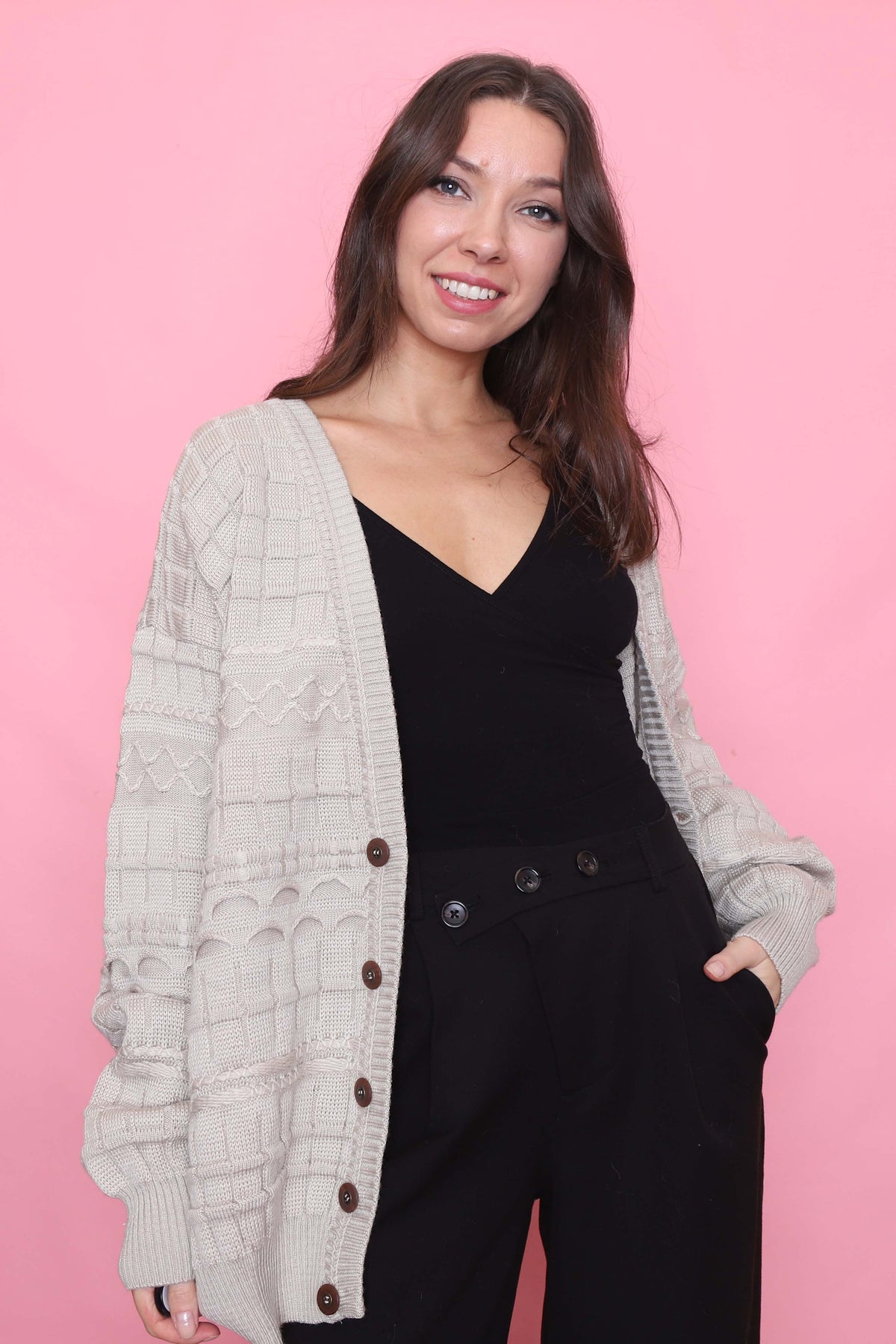 Vintage Textured Beige Knit Cardigan