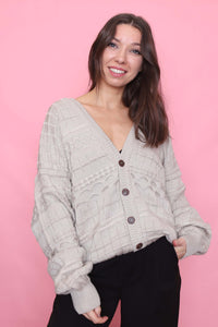 Vintage Textured Beige Knit Cardigan