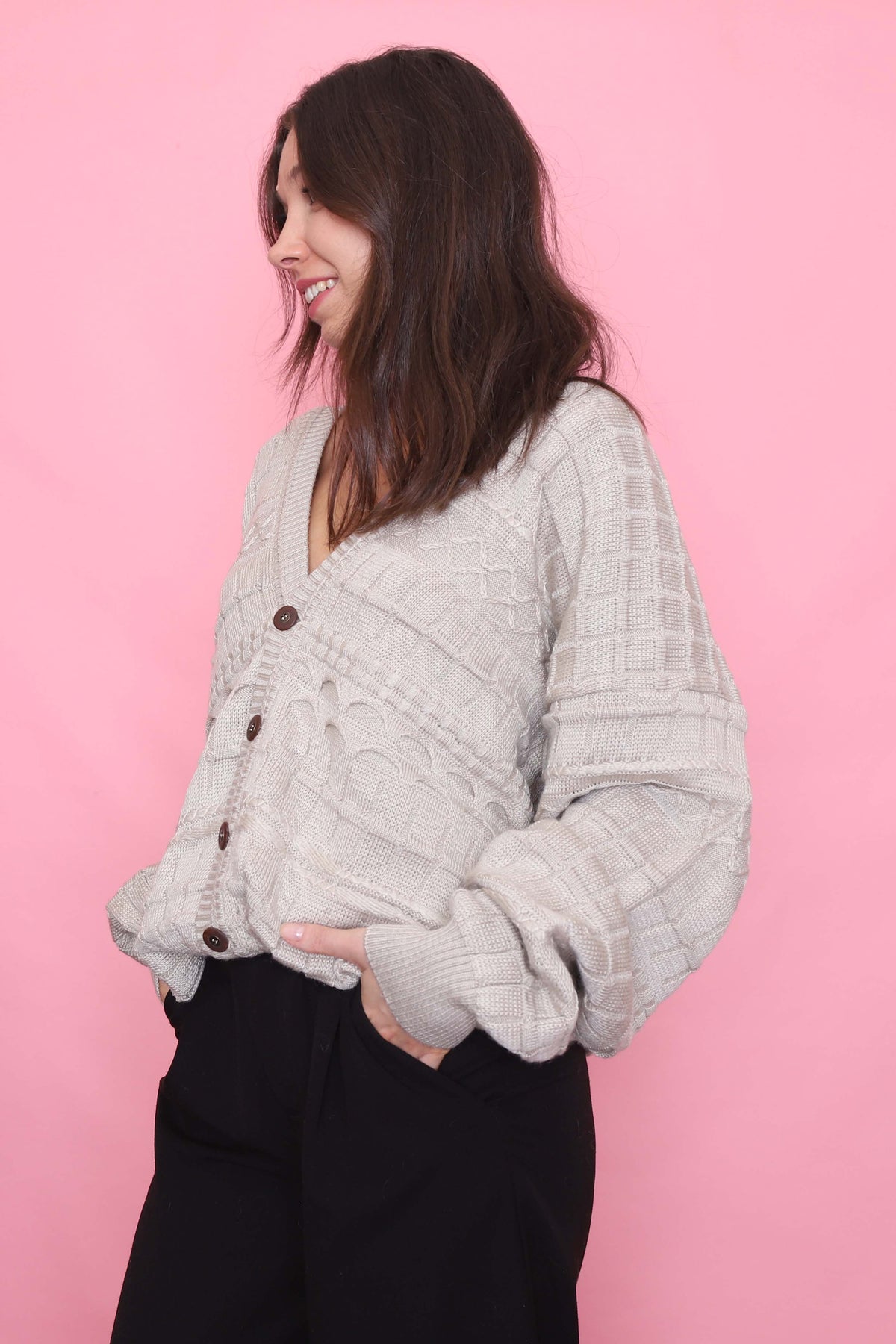 Vintage Textured Beige Knit Cardigan
