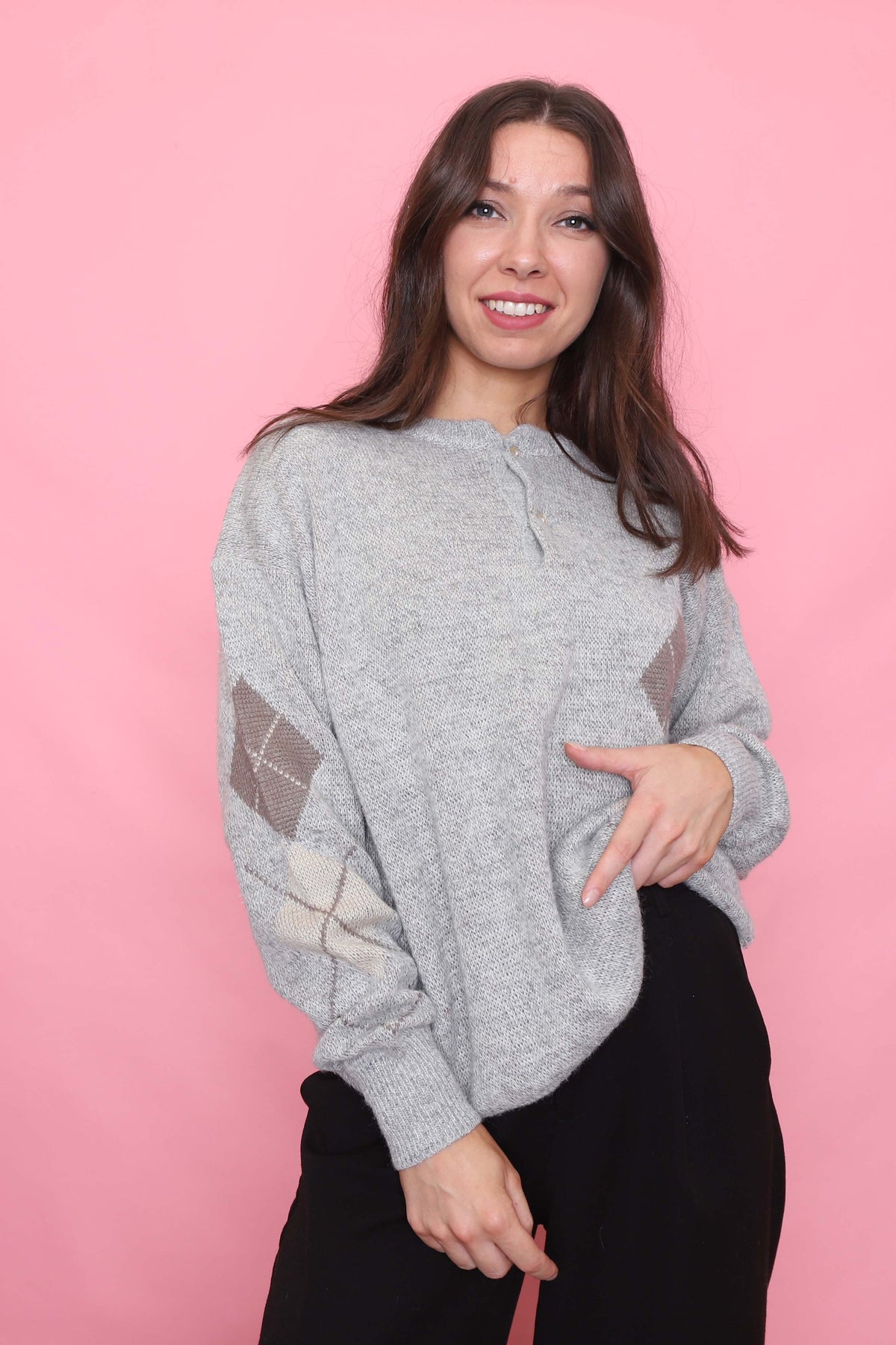 Vintage Light Grey Argyle Pattern Knit 1/4 Button Jumper