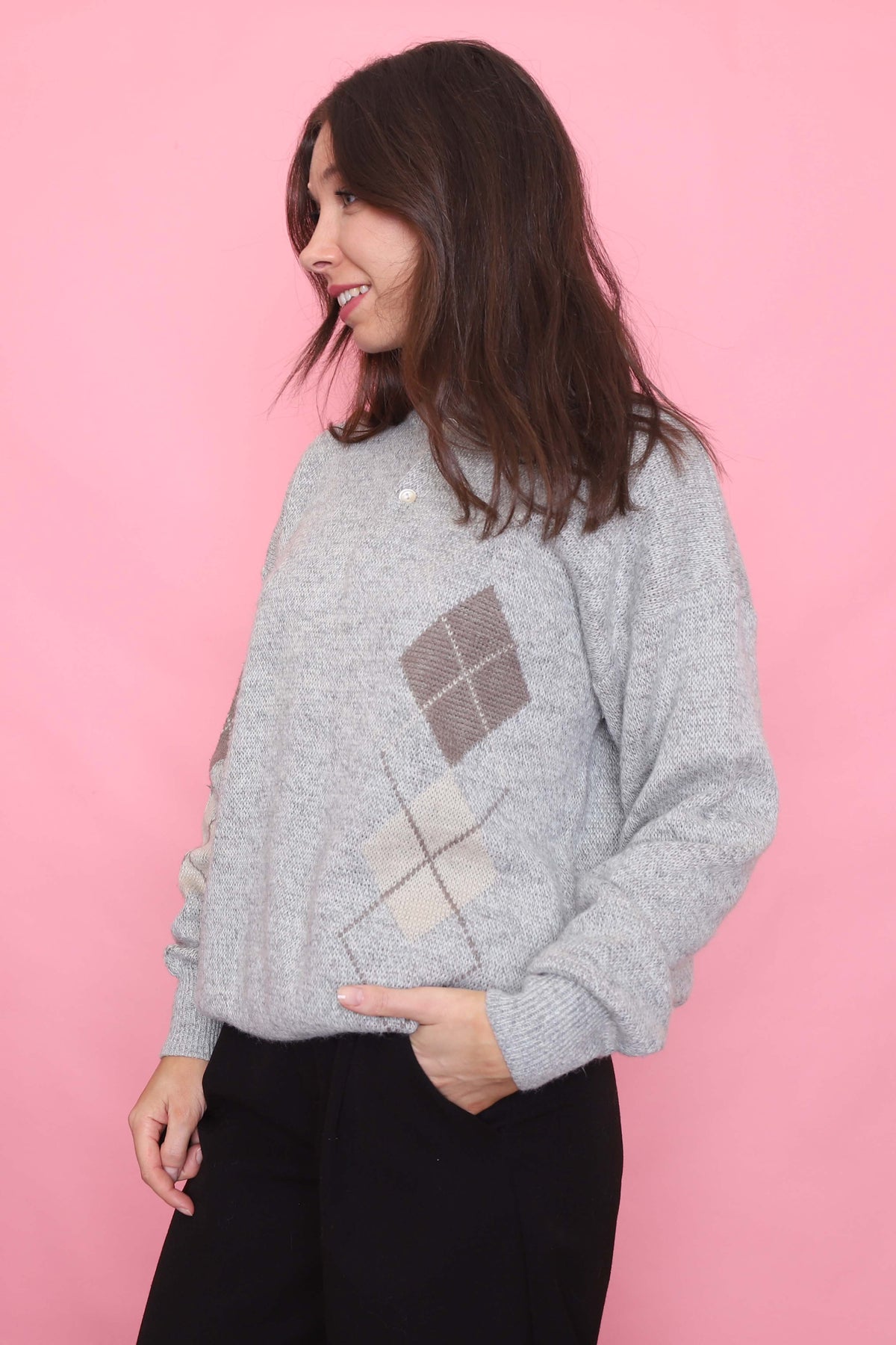 Vintage Light Grey Argyle Pattern Knit 1/4 Button Jumper