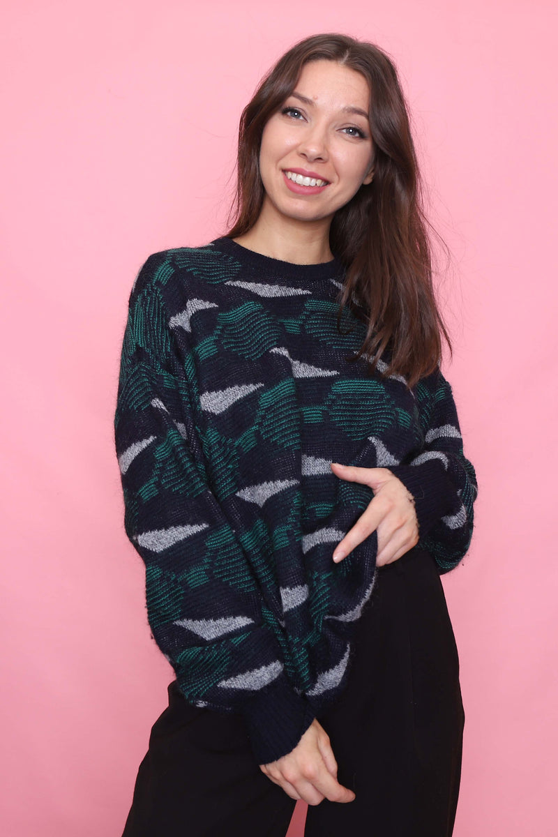 Vintage Navy Geometric Abstract Knit Jumper