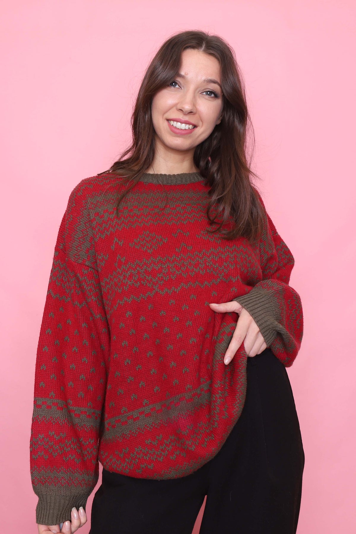 Vintage Red & Olive Pattern Knit Jumper