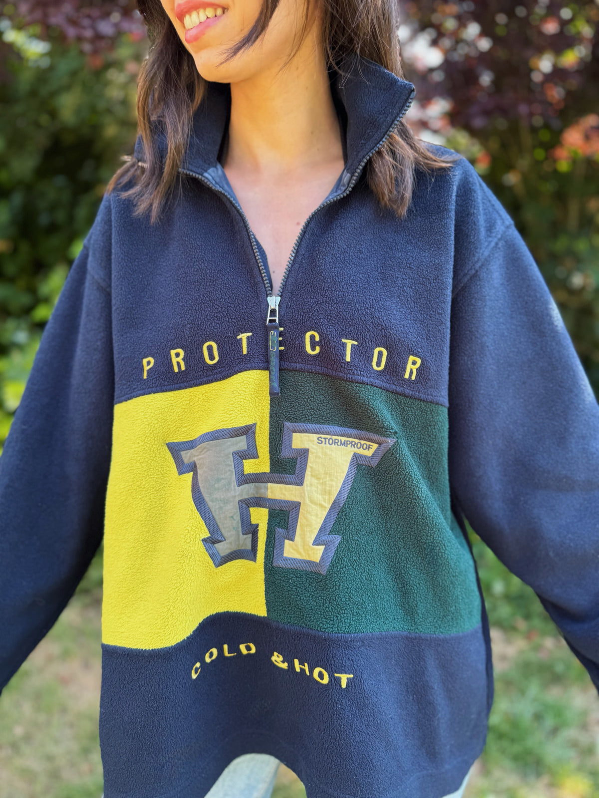 Vintage Embroidered Colour Block 1/4 Zip Fleece Jacket – Retro Style