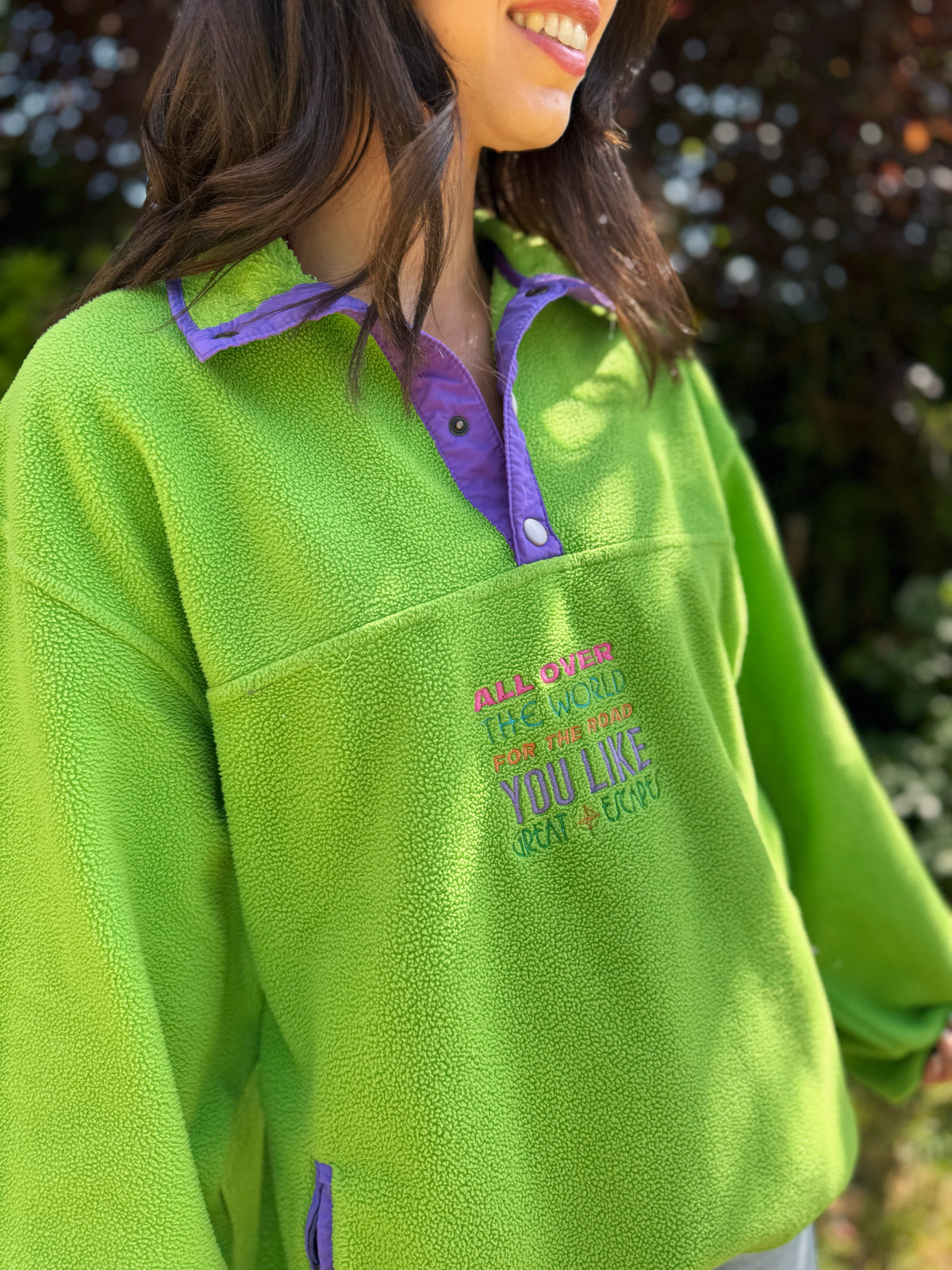 Vintage Lime Green 1/4 Button Fleece Pullover with Purple Trim and Embroidered Slogan