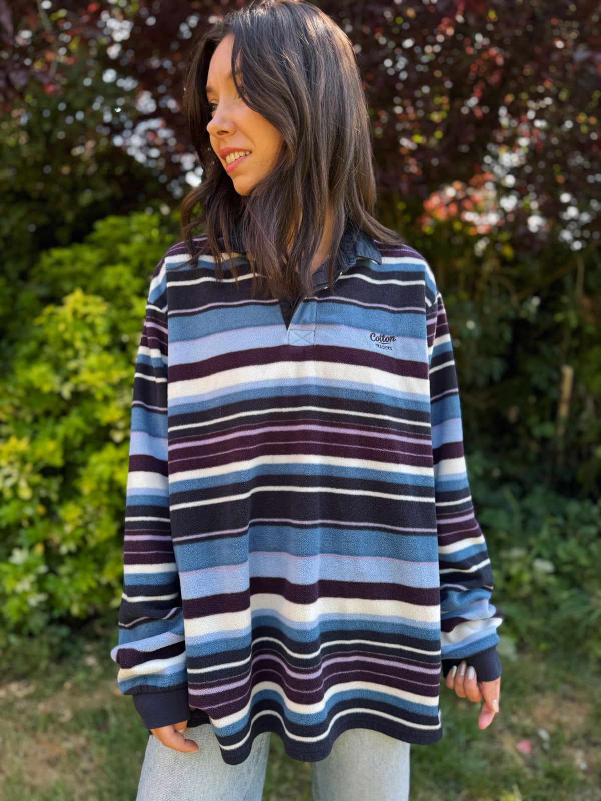 Cotton Traders Vintage Striped 1/4 Button Fleece Pullover