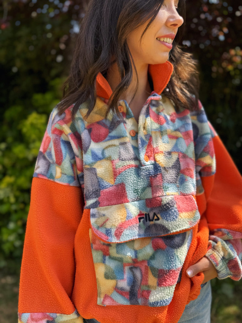 Fila vintage 90s fleece pullover with orange sleeves and colourful abstract print