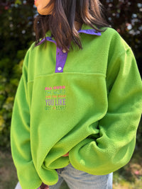 Vintage Lime Green 1/4 Button Fleece Pullover with Purple Trim and Embroidered Slogan

