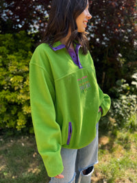 Vintage Lime Green 1/4 Button Fleece Pullover with Purple Trim and Embroidered Slogan