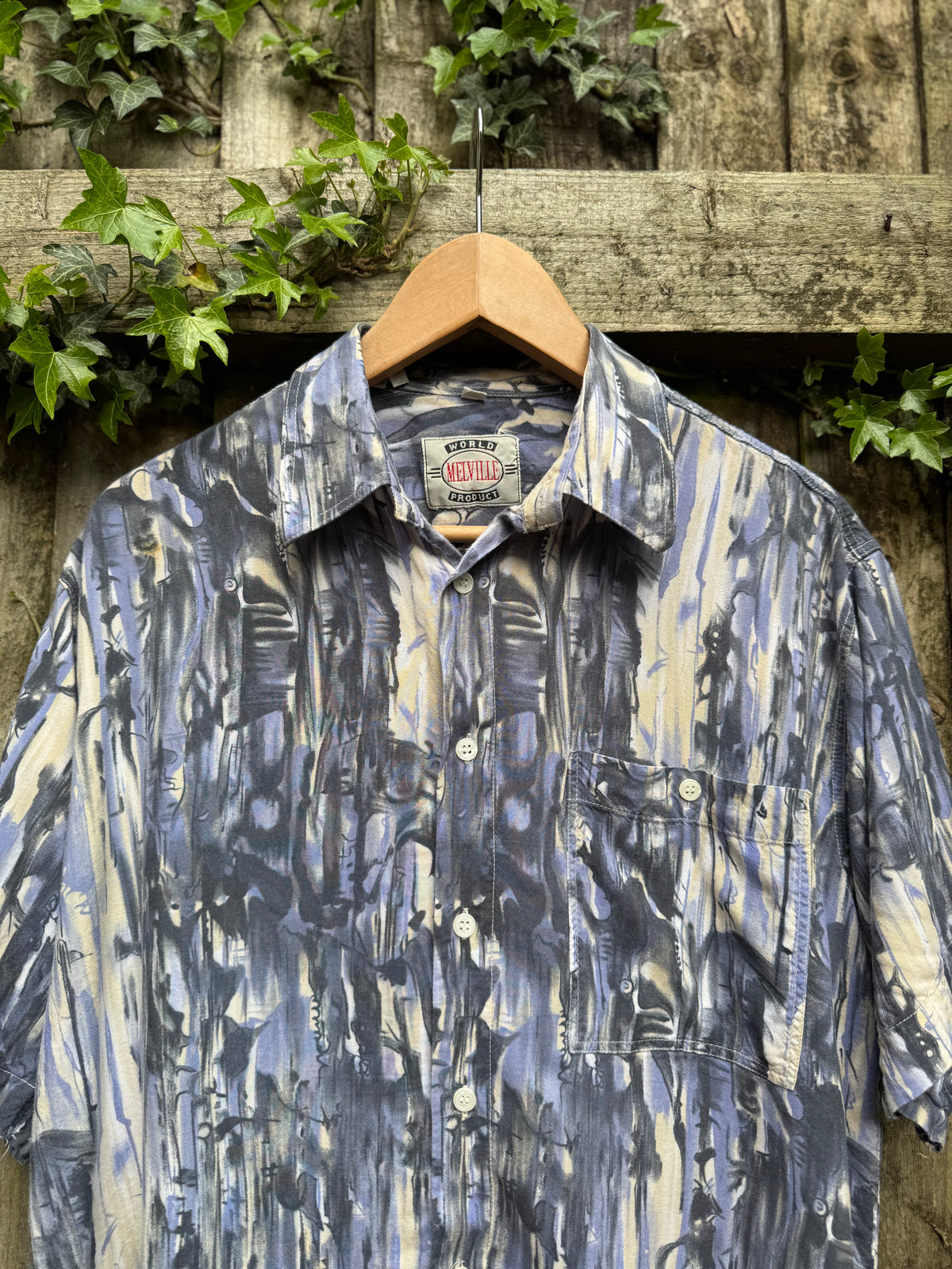 Vintage oversized short sleeve shirt with blue grey abstract pattern