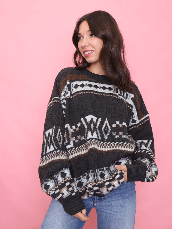 Vintage Aztec Knit Jumper – Black & Brown Oversized 90s Sweater

