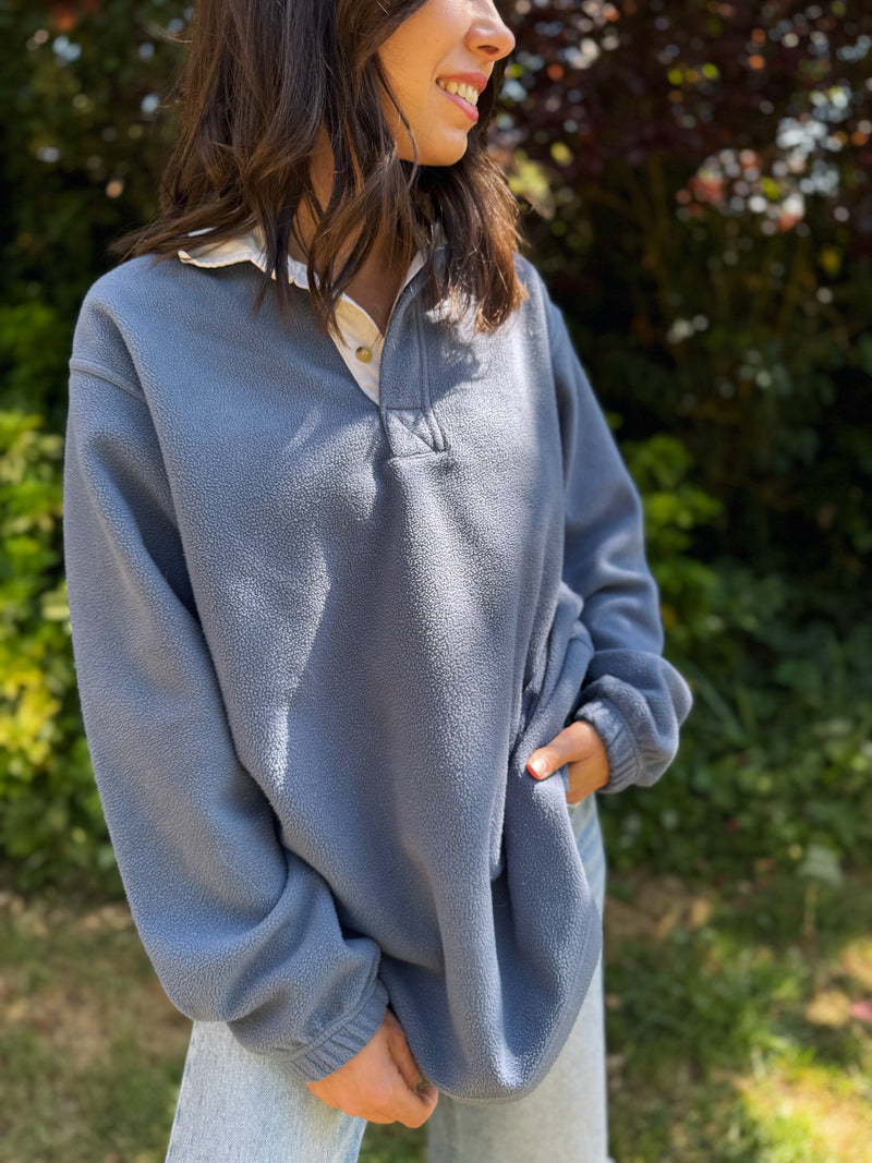 Vintage Slate Blue 1/4 Button Fleece Rugby Top with White Collar