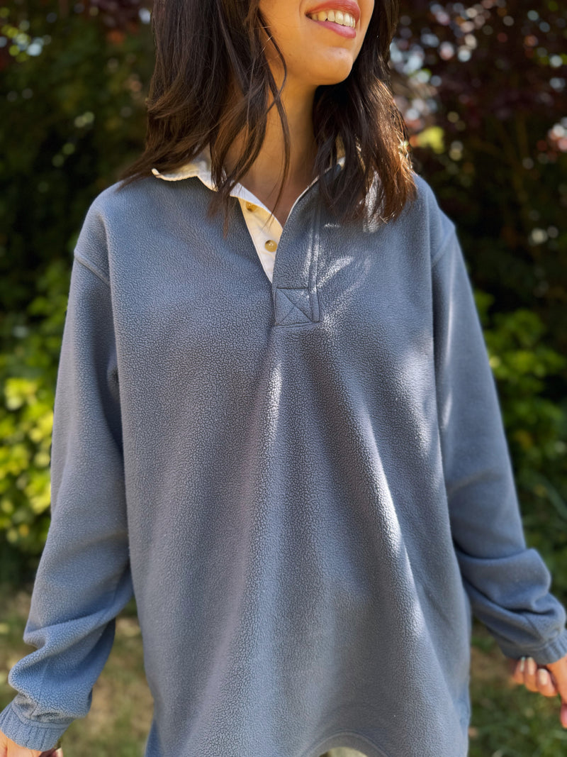 Vintage Slate Blue 1/4 Button Fleece Rugby Top with White Collar

