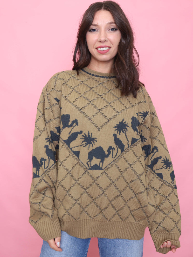 Model wearing a vintage camel and palm tree patterned jumper in sandy brown with navy graphics


