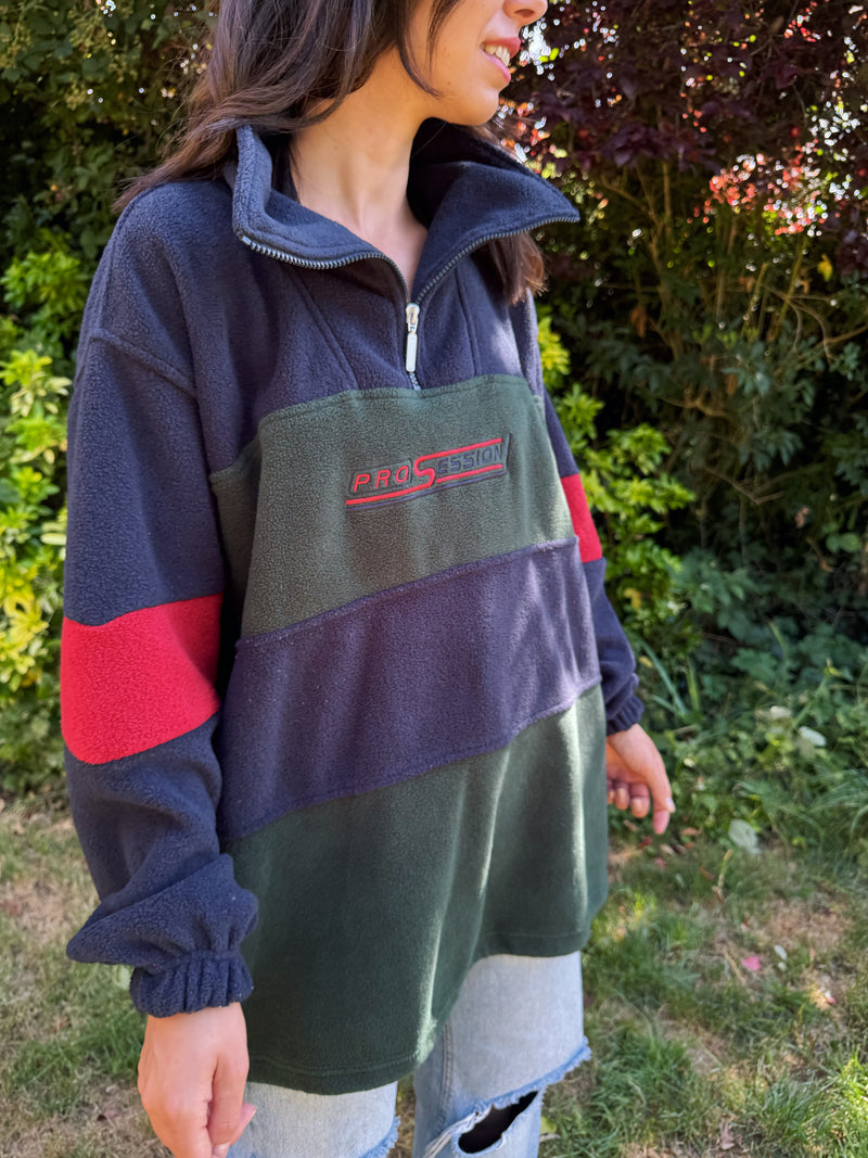 Vintage Colour Block Embroidered 1/4 Zip Fleece Jacket