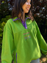 Vintage Lime Green 1/4 Button Fleece Pullover with Purple Trim and Embroidered Slogan
