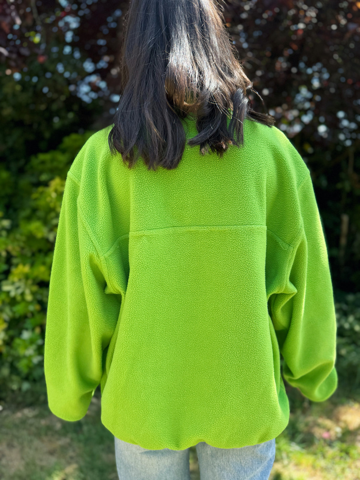  Vintage Lime Green 1/4 Button Fleece Pullover with Purple Trim and Embroidered Slogan

