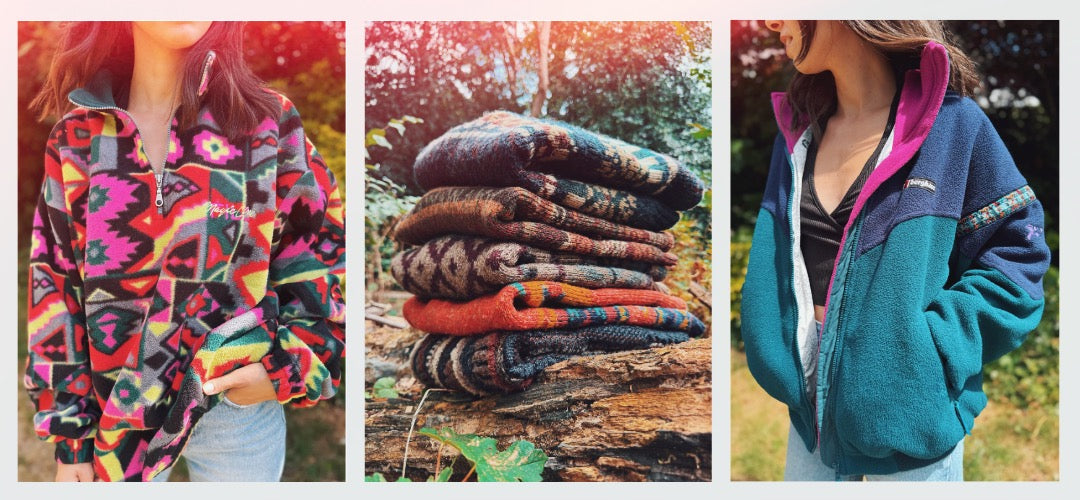 Colorful vintage fleece jackets and patterned knit sweaters styled outdoors in natural light, featuring bold retro prints and cozy textures