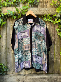 Vintage Abstract Print Shirt | Patchwork Pattern Short Sleeve