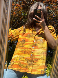 Vintage Safari Print Shirt | Wildlife Pattern Short Sleeve Orange