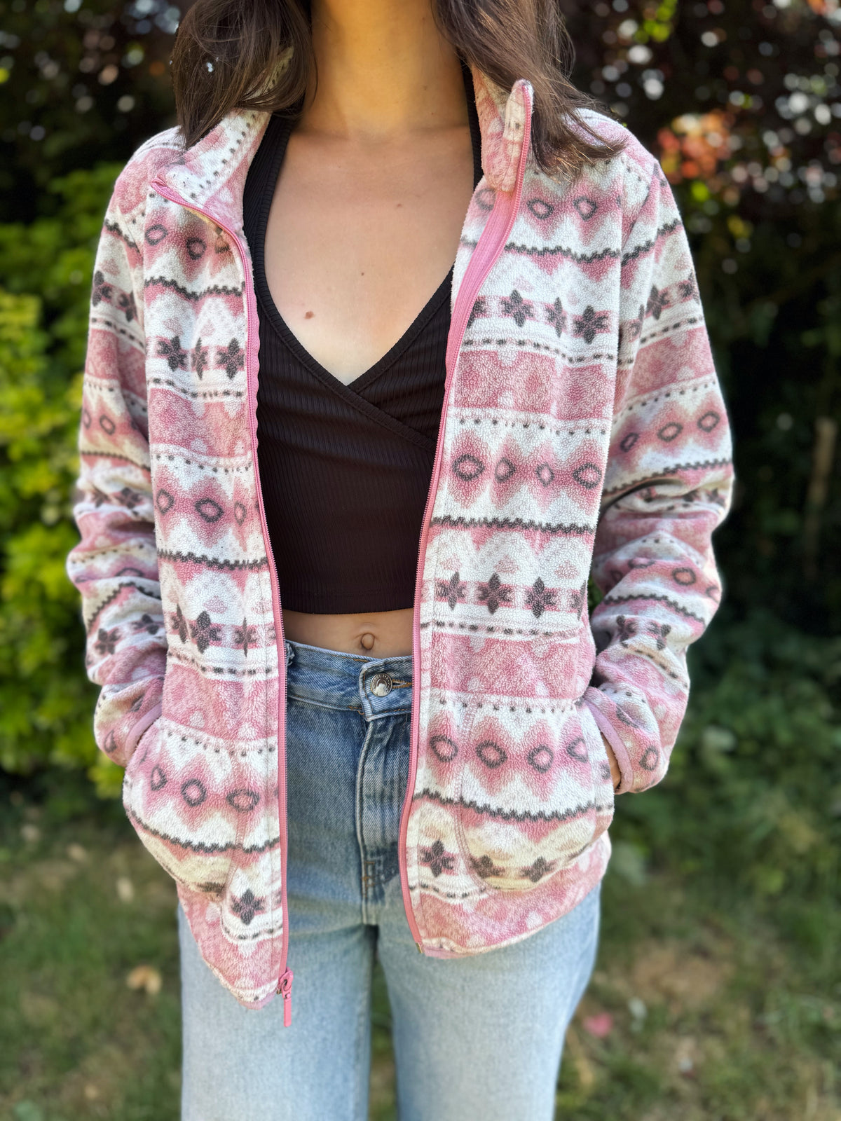 Pink Vintage Patterned Zip-Up Fleece Jacket – Fair Isle Style

