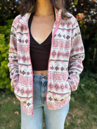 Pink Vintage Patterned Zip-Up Fleece Jacket – Fair Isle Style
